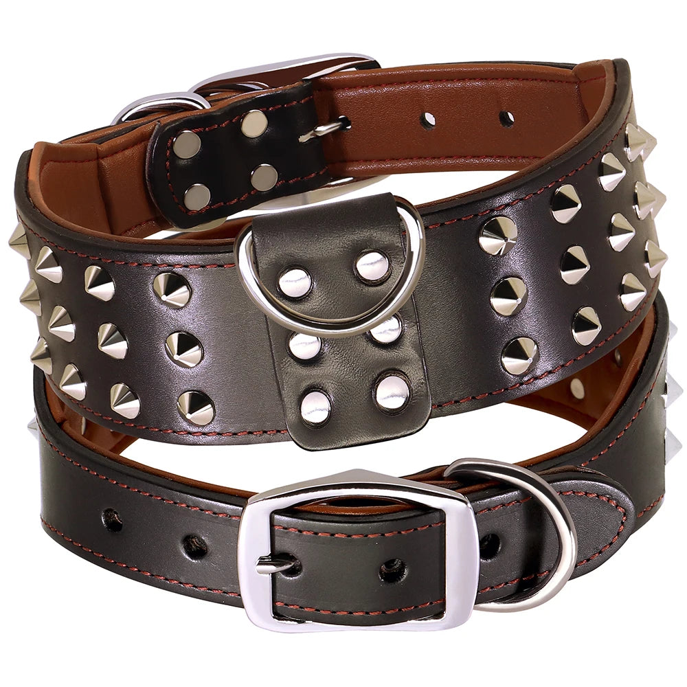 Spiked Studded Big Dog Collar Genuine Leather Wide Collars For Medium Large Dogs Rottweiler Pitbull Anti-Bite Collars Necklaces