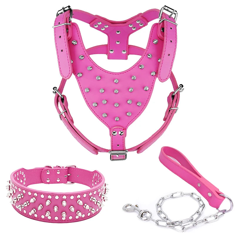 Dog Collar Dog Harness with Spiked and Chain Leash Set for Medium Large Breeds Pitbull Mastiff Bulldog Anti-bite Accessories