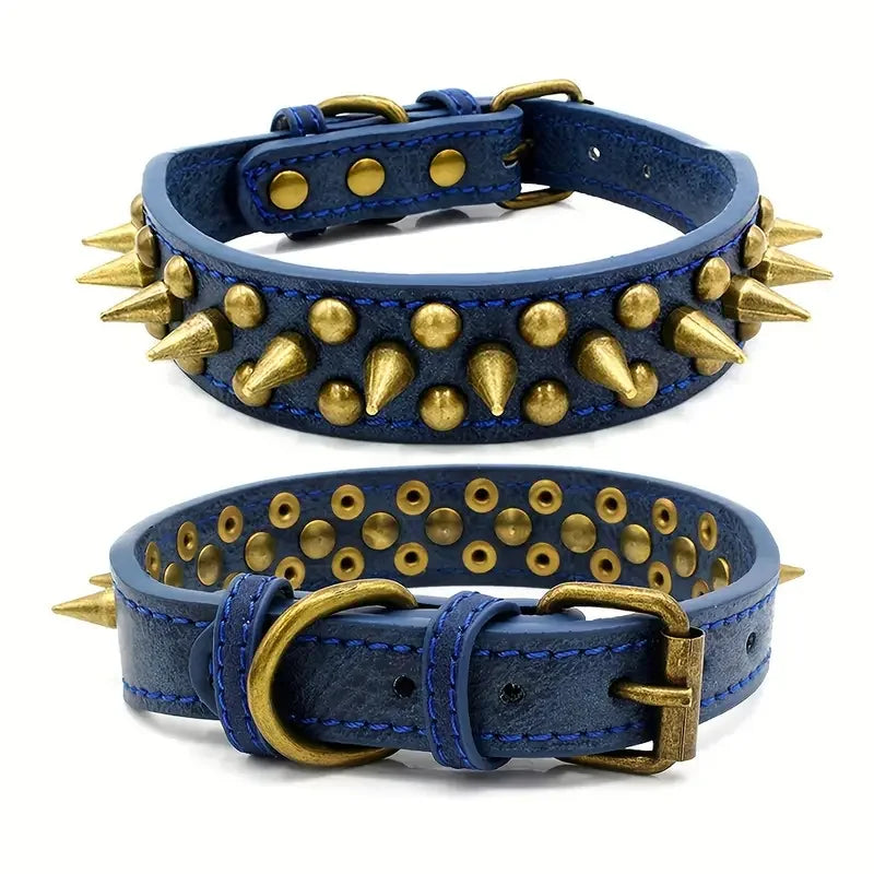 CP037-1--Retro Punk Dog Collar - Durable Leather, Spiked & Studded, Adjustable for Secure Fit, Anti-Bite Design for Safety