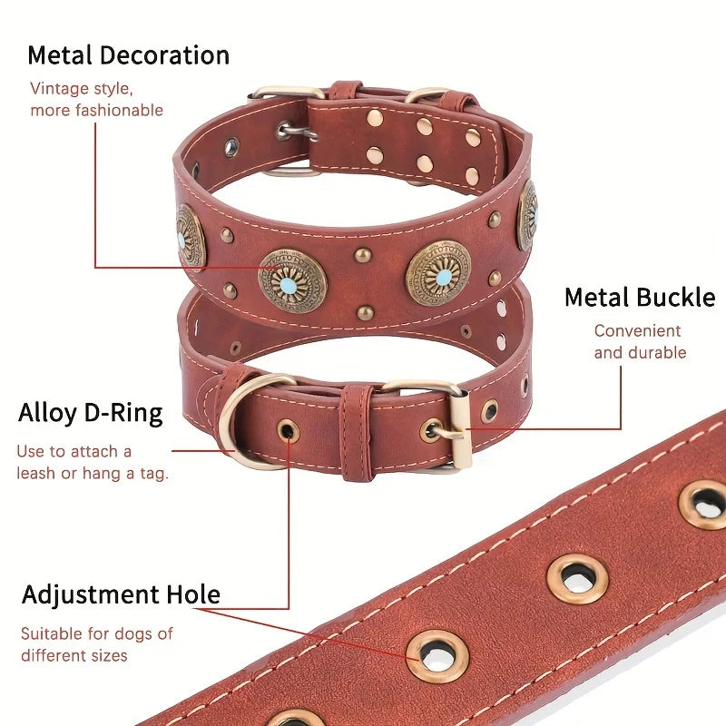 CP640--1Pc Heavy Duty Leather Dog Collar, Handcrafted Luxury Pet Collar with Adjustable Buckle, Soft and Durable Fitting.