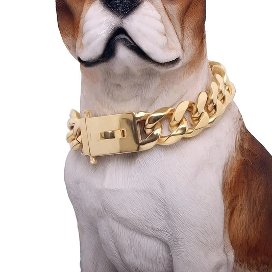 10-28 in 19mm Gold Chain Dog Collar Luxurious Sliver Gold Cuban Link Dog Collar with Secure Snap Buckle for Medium & Large dogs