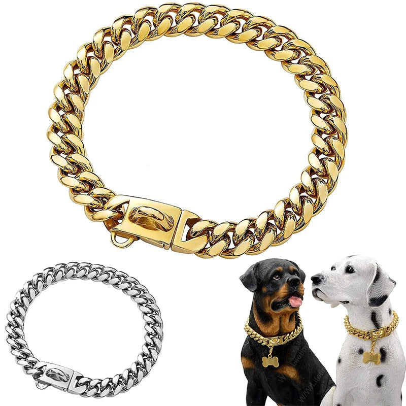 14mm Gold Dog Chains Collar for Dogs Stainless Steel Metal Luxury Necklace Pet Accessory