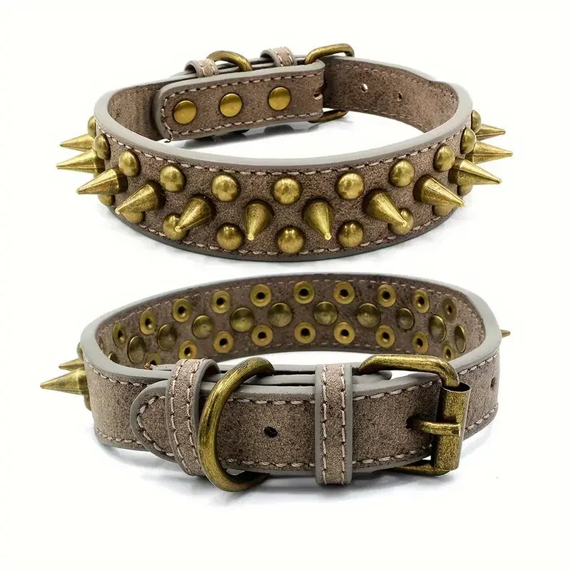 CP037-1--Retro Punk Dog Collar - Durable Leather, Spiked & Studded, Adjustable for Secure Fit, Anti-Bite Design for Safety