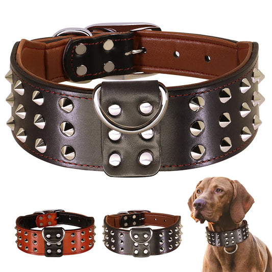 Spiked Studded Big Dog Collar Genuine Leather Wide Collars For Medium Large Dogs Rottweiler Pitbull Anti-Bite Collars Necklaces