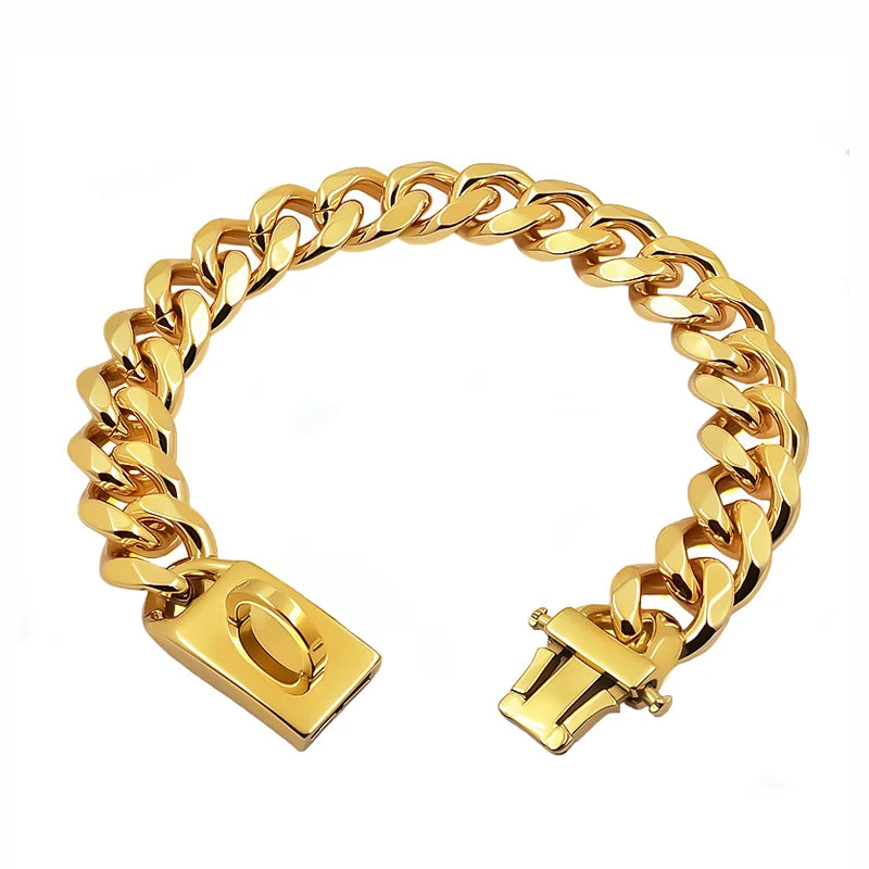 Gold Dog Collar Stainless Steel Pet Metal Choker 19mm Wide Lead for Medium Large Dogs Pet French bulldog Labrador Retriever