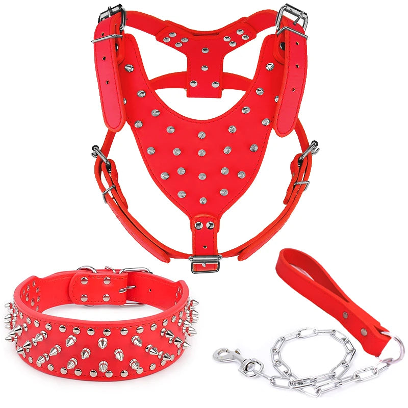 Dog Collar Dog Harness with Spiked and Chain Leash Set for Medium Large Breeds Pitbull Mastiff Bulldog Anti-bite Accessories