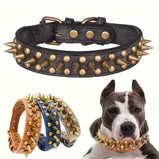 CP037-1--Retro Punk Dog Collar - Durable Leather, Spiked & Studded, Adjustable for Secure Fit, Anti-Bite Design for Safety