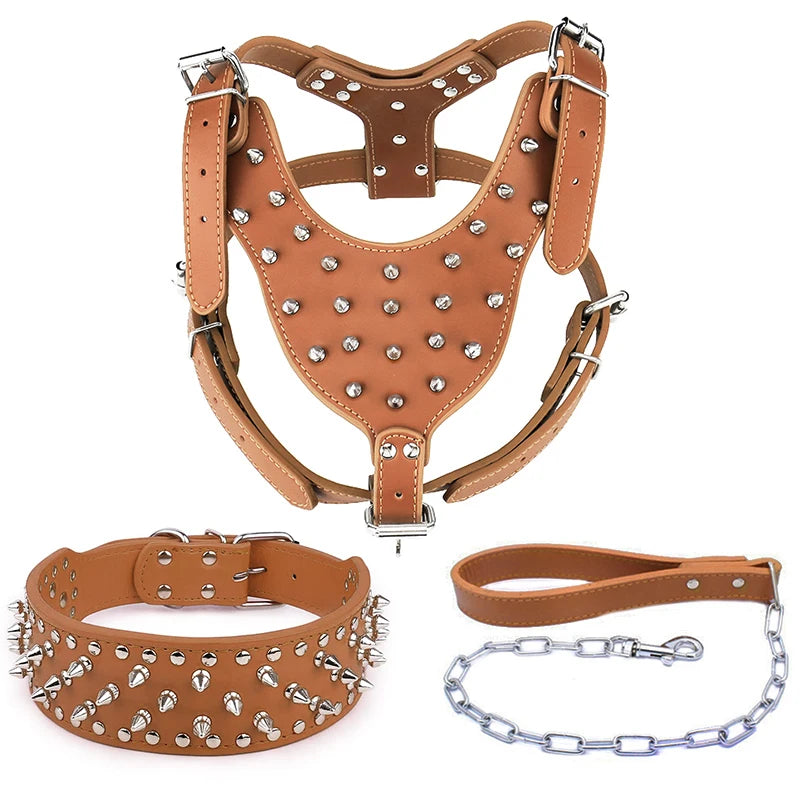Dog Collar Dog Harness with Spiked and Chain Leash Set for Medium Large Breeds Pitbull Mastiff Bulldog Anti-bite Accessories