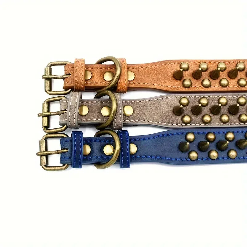 CP037-1--Retro Punk Dog Collar - Durable Leather, Spiked & Studded, Adjustable for Secure Fit, Anti-Bite Design for Safety
