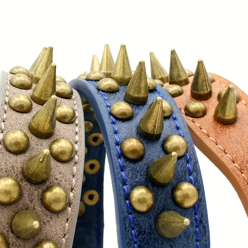 CP037-1--Retro Punk Dog Collar - Durable Leather, Spiked & Studded, Adjustable for Secure Fit, Anti-Bite Design for Safety