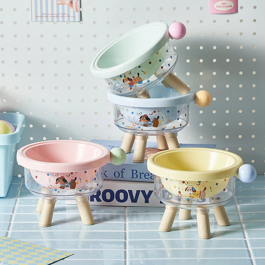 Cute pet high-legged pet food bowl, dachshund pattern design PP material, not easy to deform, detachable, easy to clean, pet bow