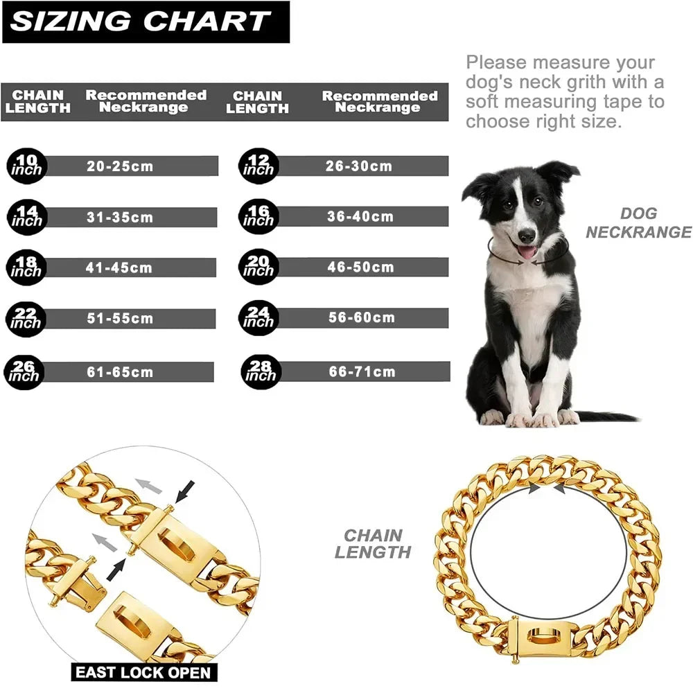 10-28 in 19mm Gold Chain Dog Collar Luxurious Sliver Gold Cuban Link Dog Collar with Secure Snap Buckle for Medium & Large dogs
