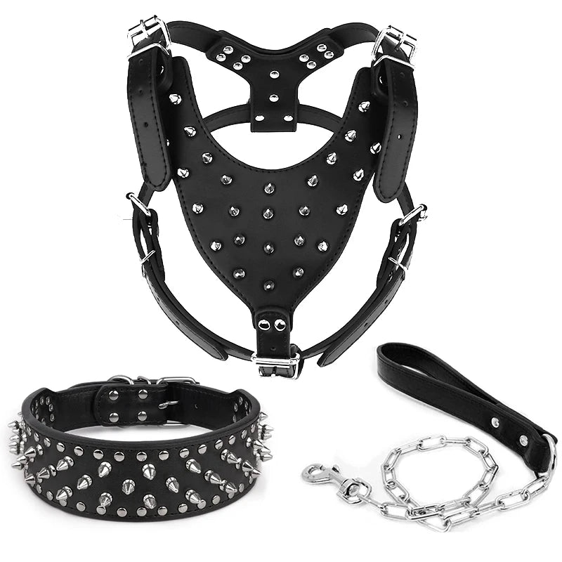 Dog Collar Dog Harness with Spiked and Chain Leash Set for Medium Large Breeds Pitbull Mastiff Bulldog Anti-bite Accessories