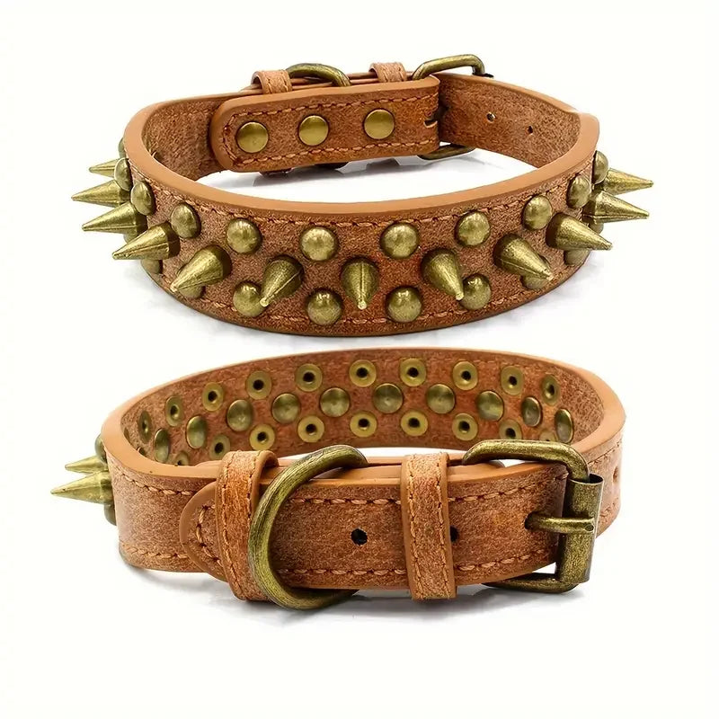 CP037-1--Retro Punk Dog Collar - Durable Leather, Spiked & Studded, Adjustable for Secure Fit, Anti-Bite Design for Safety