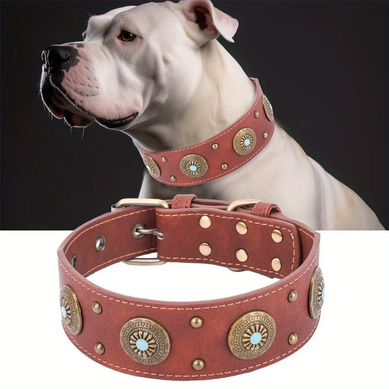 CP640--1Pc Heavy Duty Leather Dog Collar, Handcrafted Luxury Pet Collar with Adjustable Buckle, Soft and Durable Fitting.