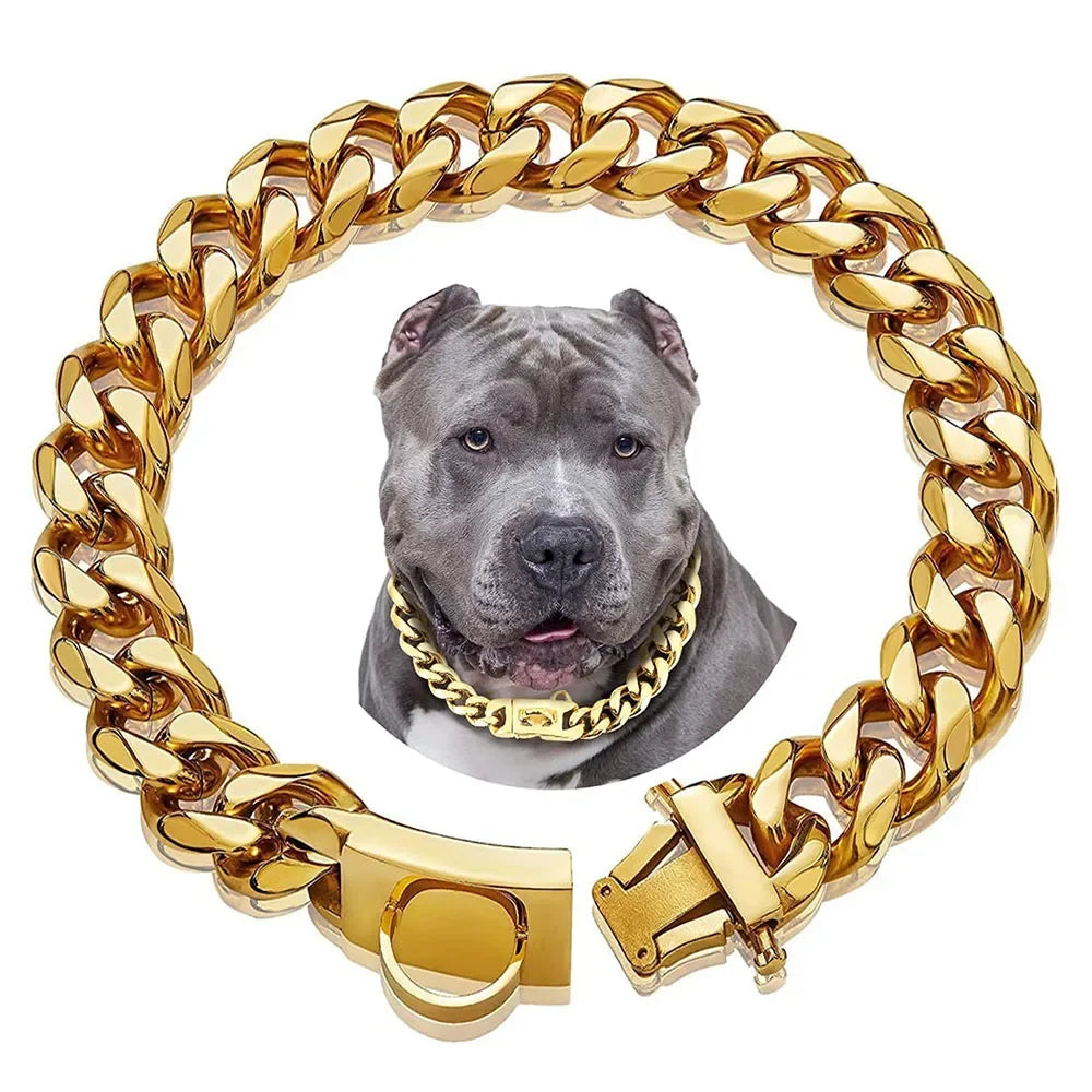 10-28 in 19mm Gold Chain Dog Collar Luxurious Sliver Gold Cuban Link Dog Collar with Secure Snap Buckle for Medium & Large dogs