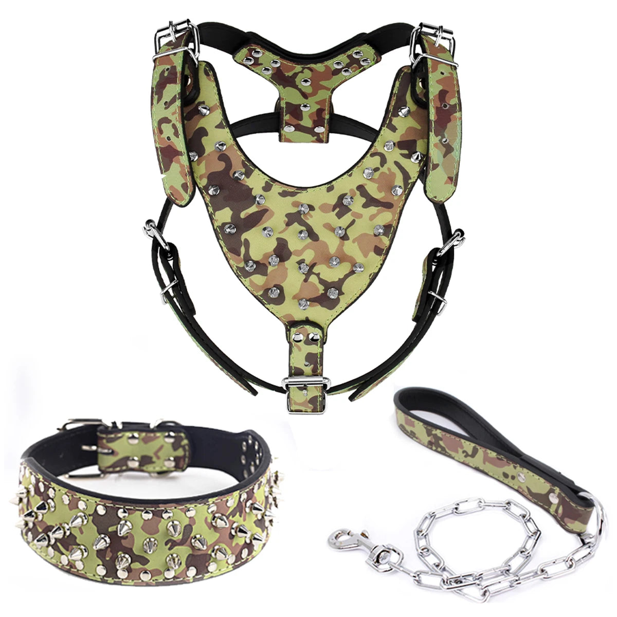 Dog Collar Dog Harness with Spiked and Chain Leash Set for Medium Large Breeds Pitbull Mastiff Bulldog Anti-bite Accessories