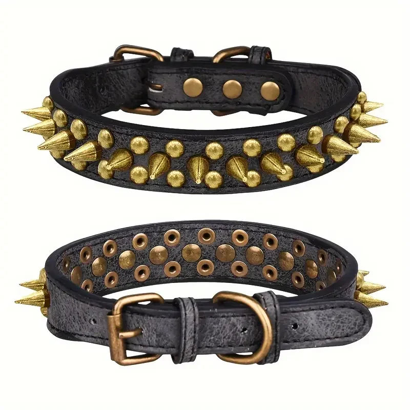 CP037-1--Retro Punk Dog Collar - Durable Leather, Spiked & Studded, Adjustable for Secure Fit, Anti-Bite Design for Safety