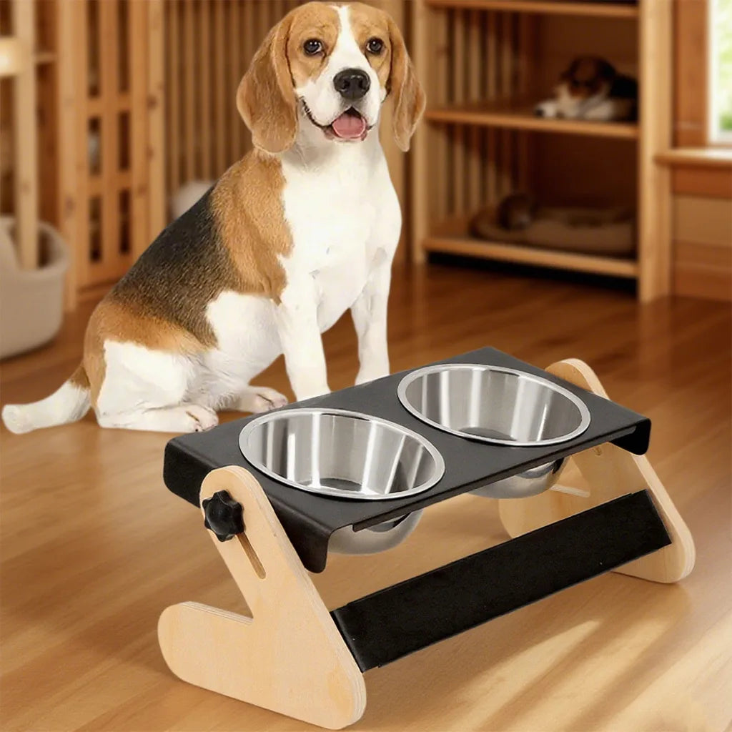 Iron and Wood Combination Dog Bowls for Medium Dogs Pets Food Bowl Stand with Stainless Steel Food Bowls for Cats & Dogs